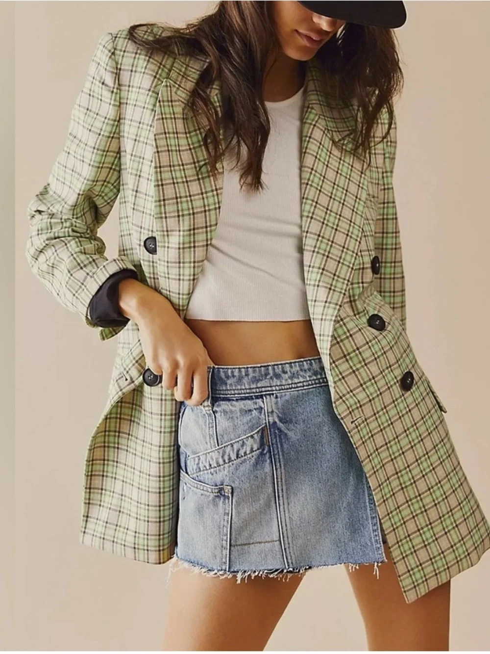 Free People Ashby Green Plaid Blazer Jacket, XS